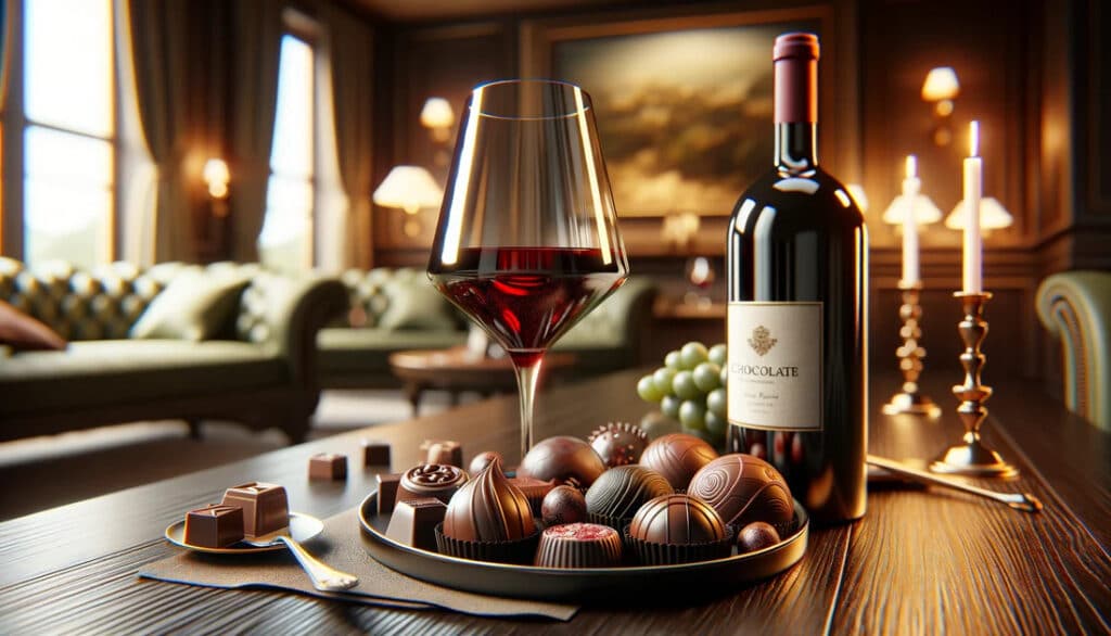 Image of Fine Wine being paired with Gourmet Chocolate. March 2024 Wine Trends.